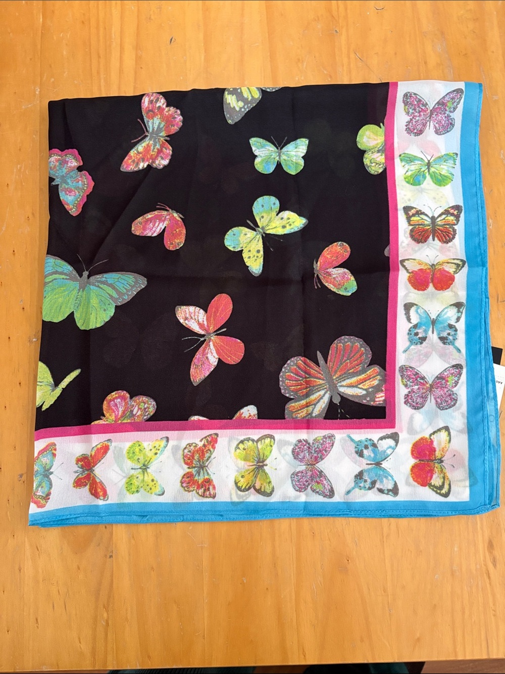 INC International Concepts Black Butterfly Print Scarf with Blue Trim 28x28 INCH